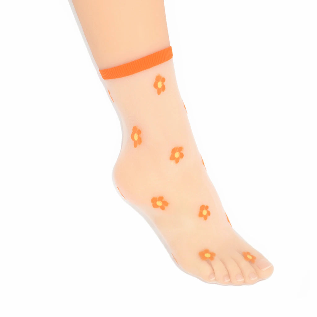 Isla Sheer Daisy Ankle Sock - Orange