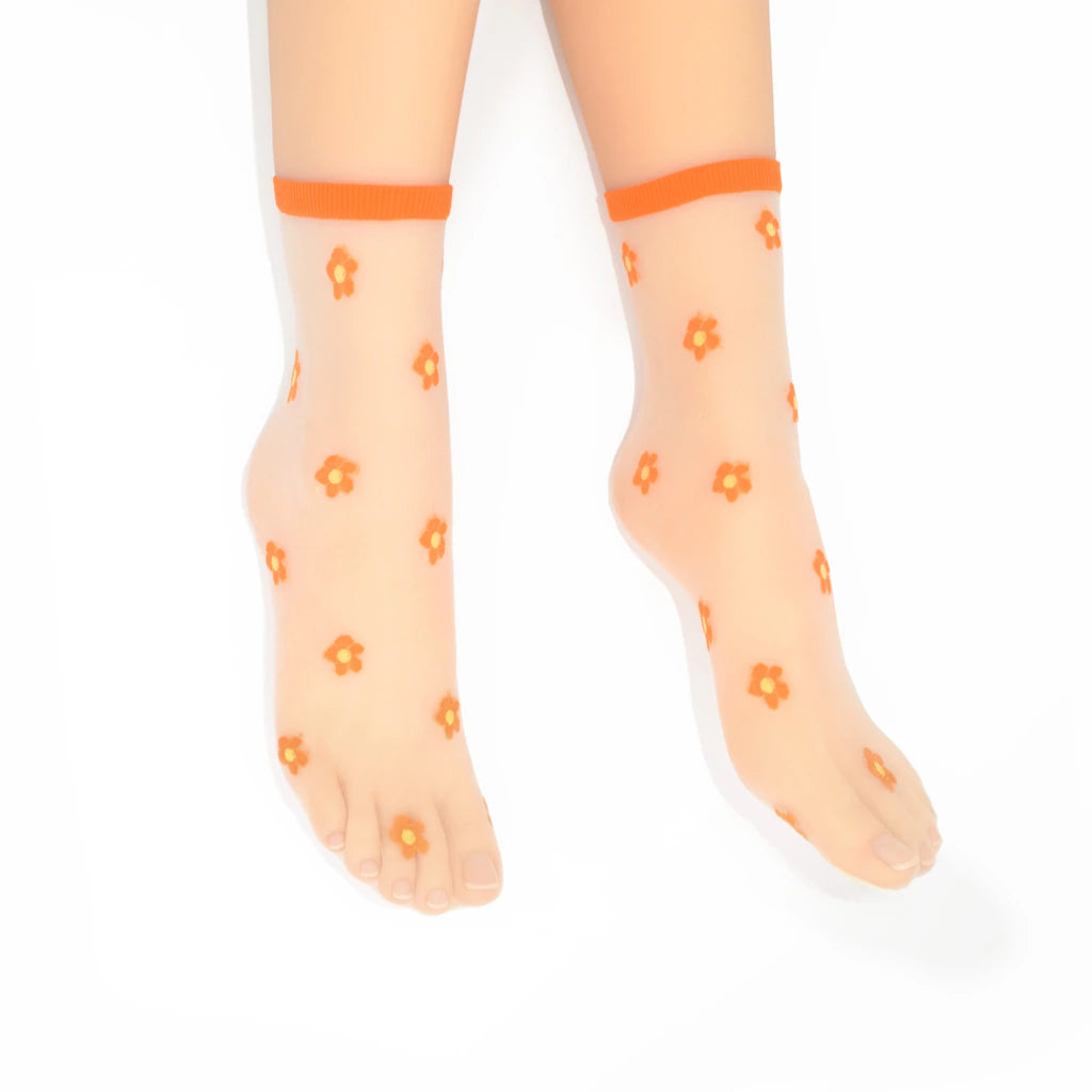 Isla Sheer Daisy Ankle Sock - Orange