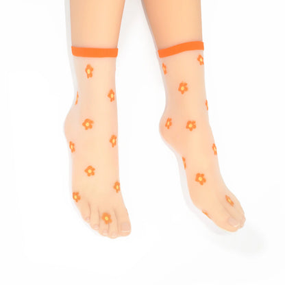Isla Sheer Daisy Ankle Sock - Orange