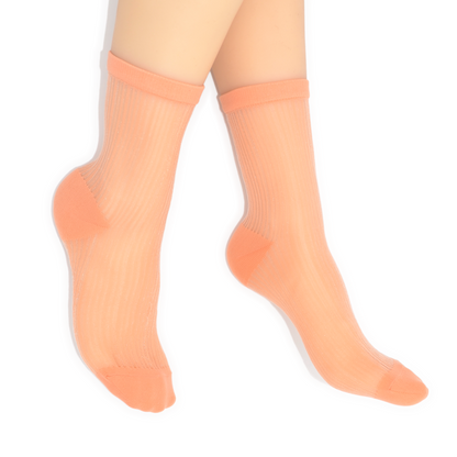 Semi Sheer Lines Quarter Crew Socks - Orange