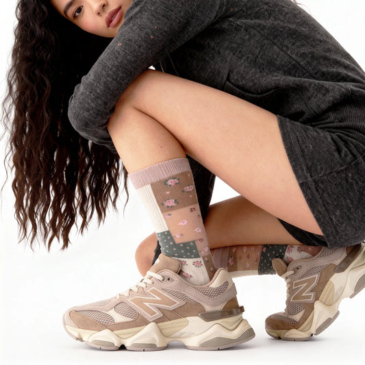 A model crouches in a studio wearing chunky beige and taupe New Balance sneakers, patterned knee-high socks, and a dark gray sweatshirt.