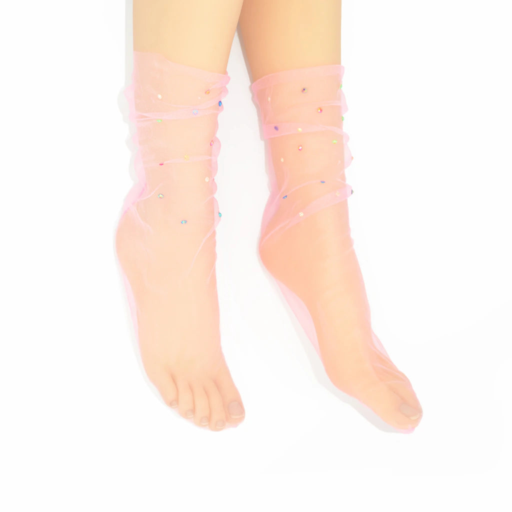 Yasmin Diamanté Tulle Mesh Sock - Pink