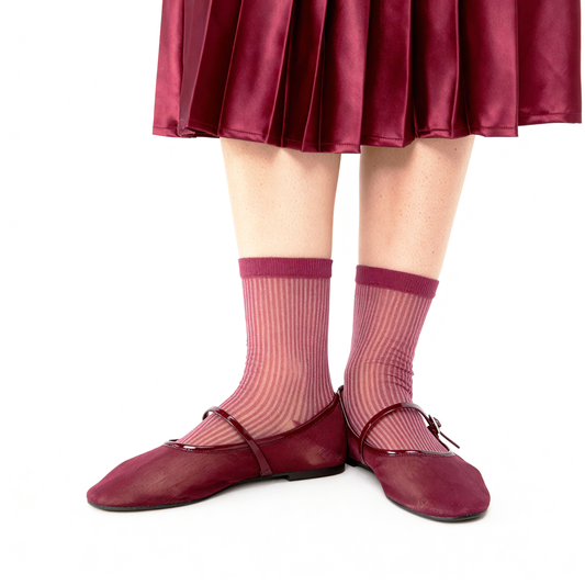 Semi Sheer Lines Quarter Crew Socks - Pink