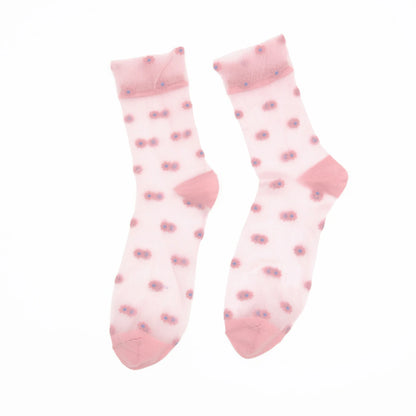 A pair of sheer light pink socks with a pattern of small blue and pink flowers, shown against a plain white background.