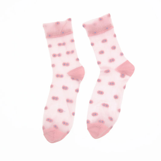 A pair of sheer light pink socks with a pattern of small blue and pink flowers, shown against a plain white background.