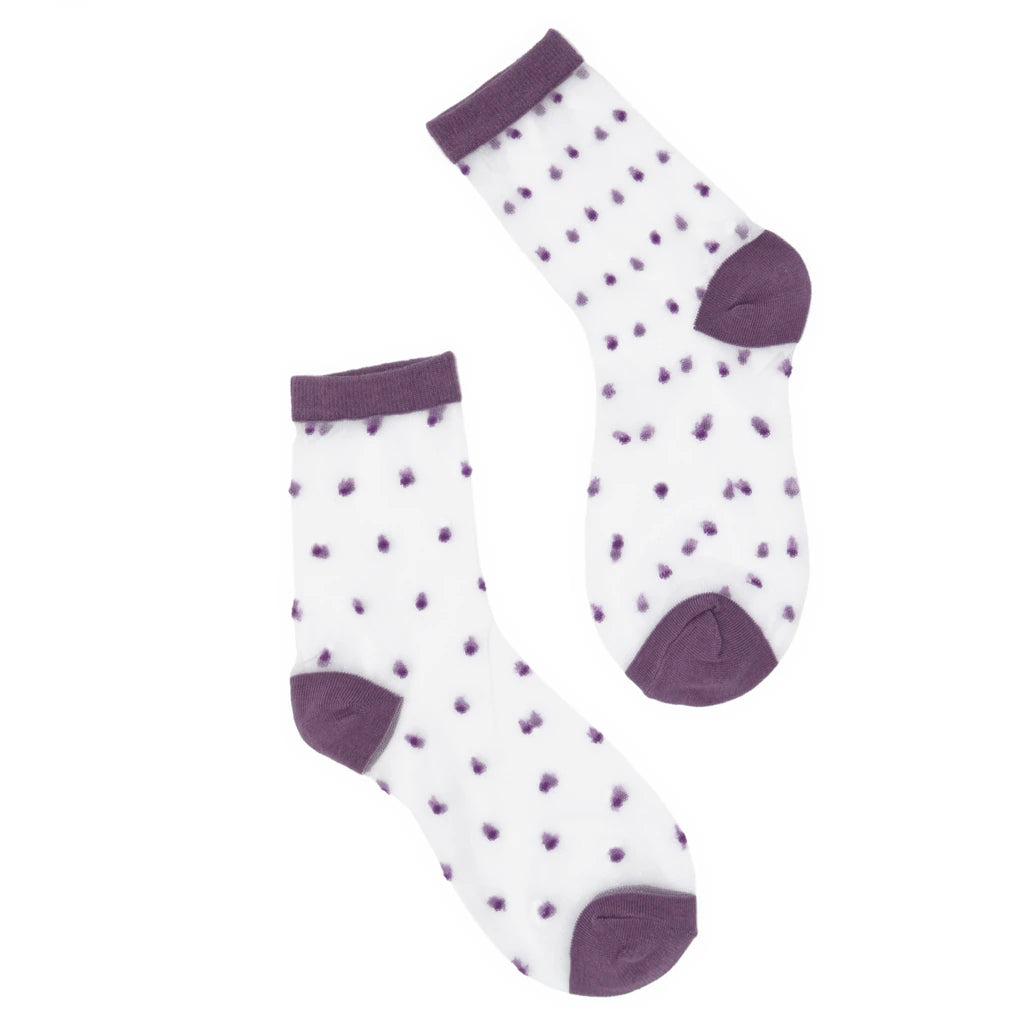 Pair of socks with purple polka dots on a white background