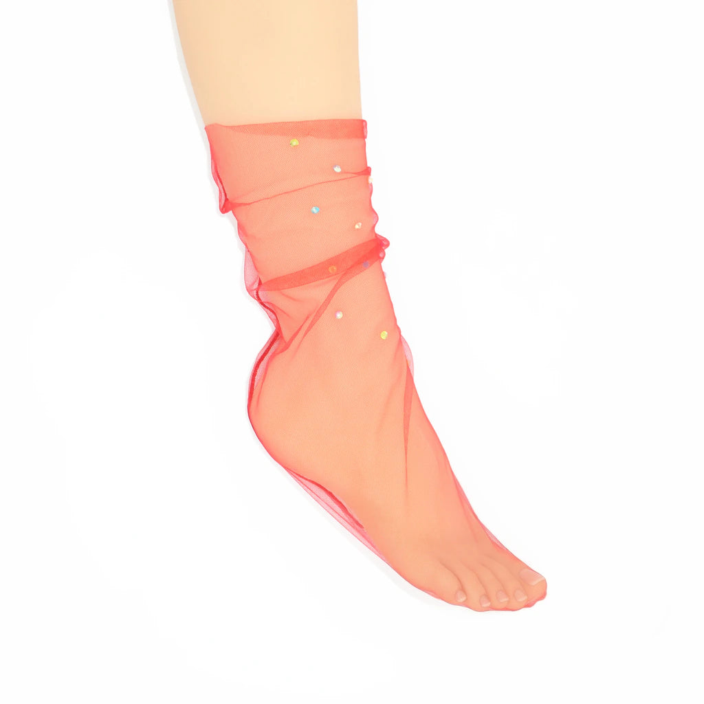 Yasmin Diamanté Tulle Mesh Sock - Red