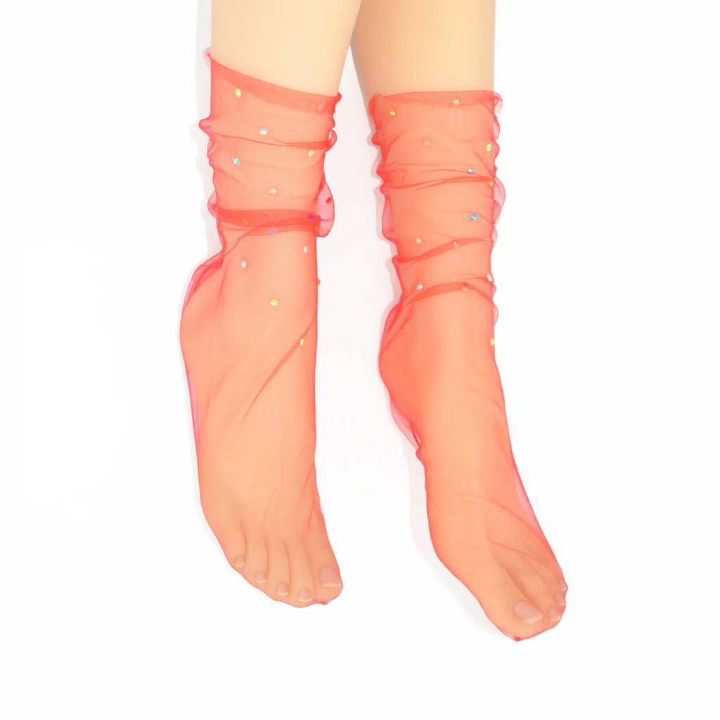 Yasmin Diamanté Tulle Mesh Sock - Red