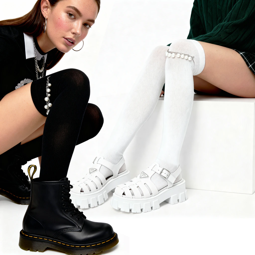 Person wearing black boots and white shoes with a white background