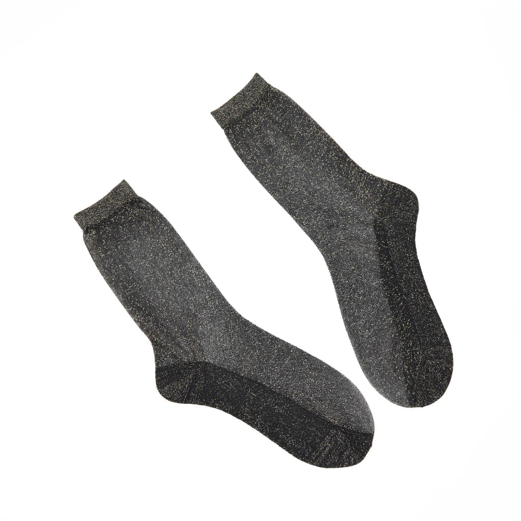 Pair of Tiffany Black Diamond sheer sparkle socks on a white background.