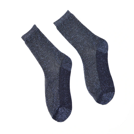 Pair of Tiffany Midnight sheer sparkle socks on a white background.