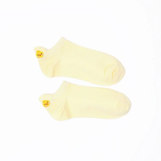 a pair of soft yellow no show socks with chicken embroidered motif design