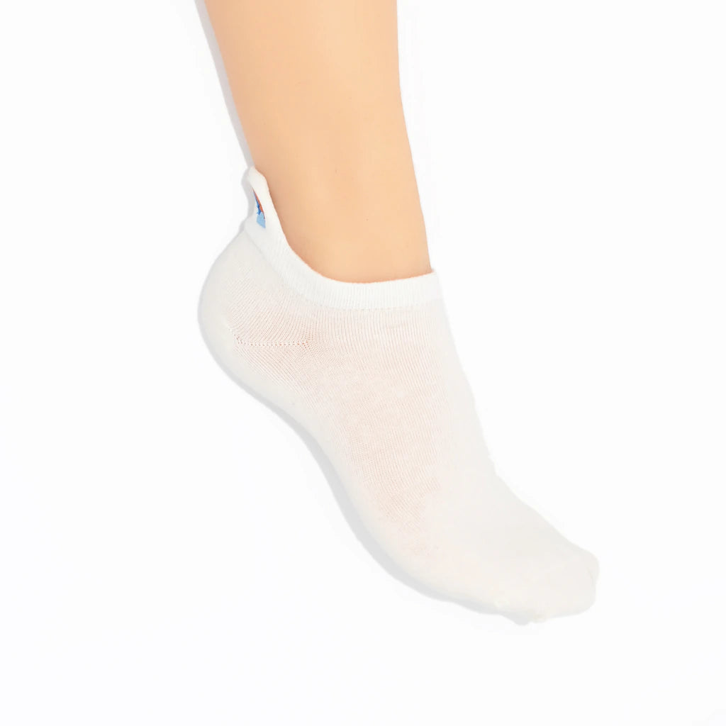 A leg modelling white no-show socks with an embroidered tab at the heel