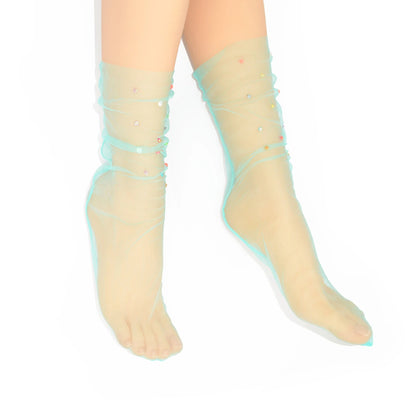 Yasmin Diamanté Tulle Mesh Sock - Teal
