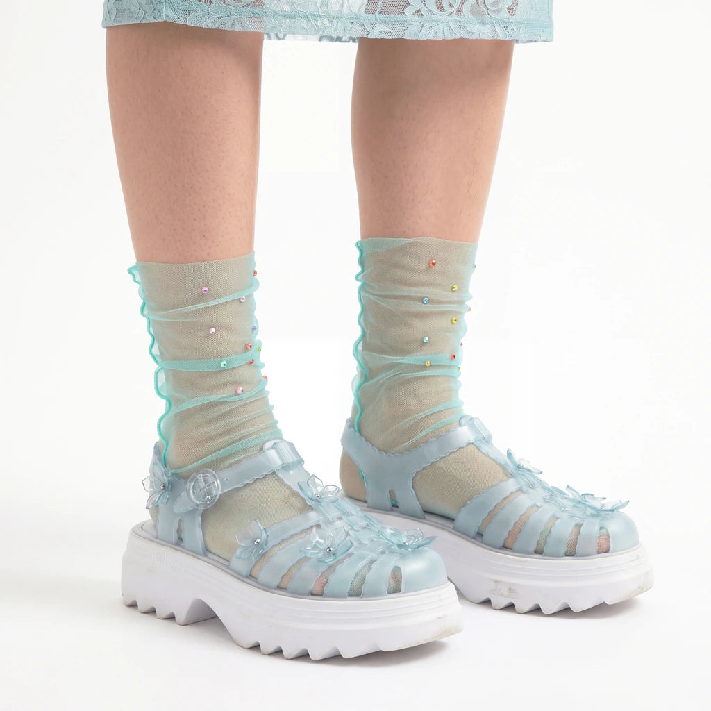 Yasmin Diamanté Tulle Mesh Sock - Teal