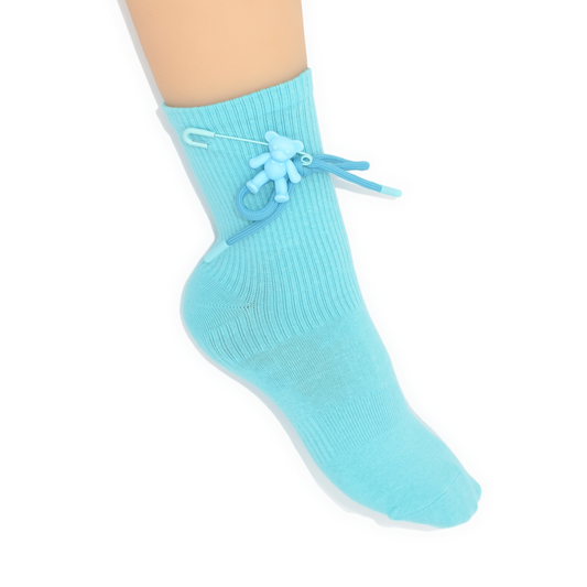 Teddy Bow Charm Quarter Crew Socks - Aqua