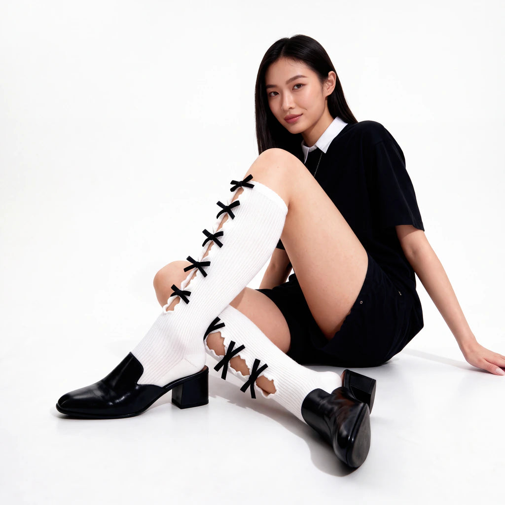 A model sits on a white studio floor wearing a black short-sleeve top and shorts, with white knee-high socks featuring black bow laces and black block-heel mules.