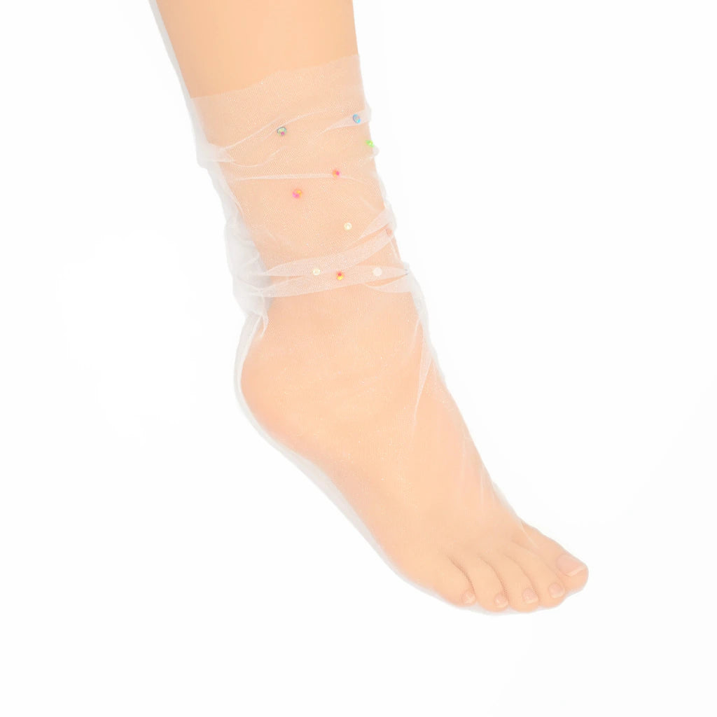 Yasmin Diamanté Tulle Mesh Sock - White