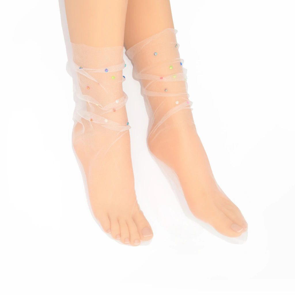 Yasmin Diamanté Tulle Mesh Sock - White