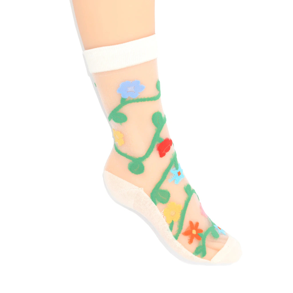 Colorful floral-patterned socks on a white background