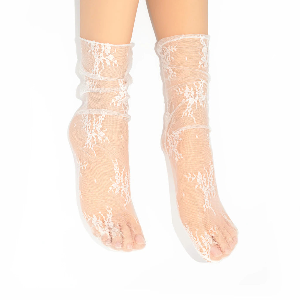 Erin Floral Lace Crew Sock - White