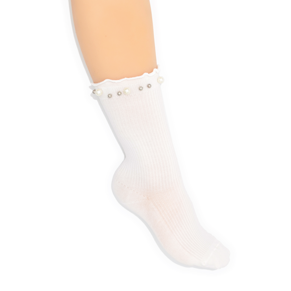 Lettuce Ruffle & Pearl Quarter Crew Socks - White