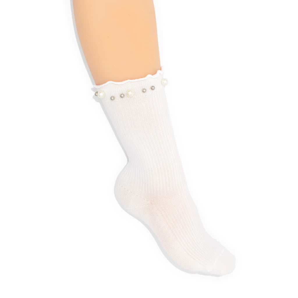 White ankle sock with pearl embellishments on a white background