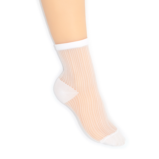 Semi Sheer Lines Quarter Crew Socks - White