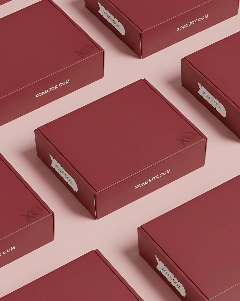 Red boxes with 'XOXOSOX.COM' text on a matching background