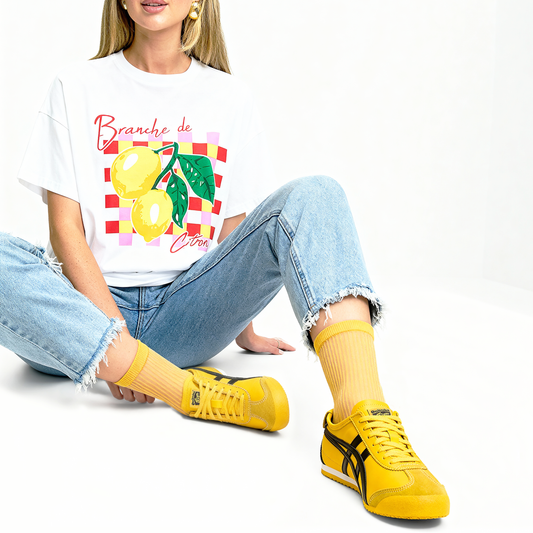 Semi Sheer Lines Quarter Crew Socks - Yellow