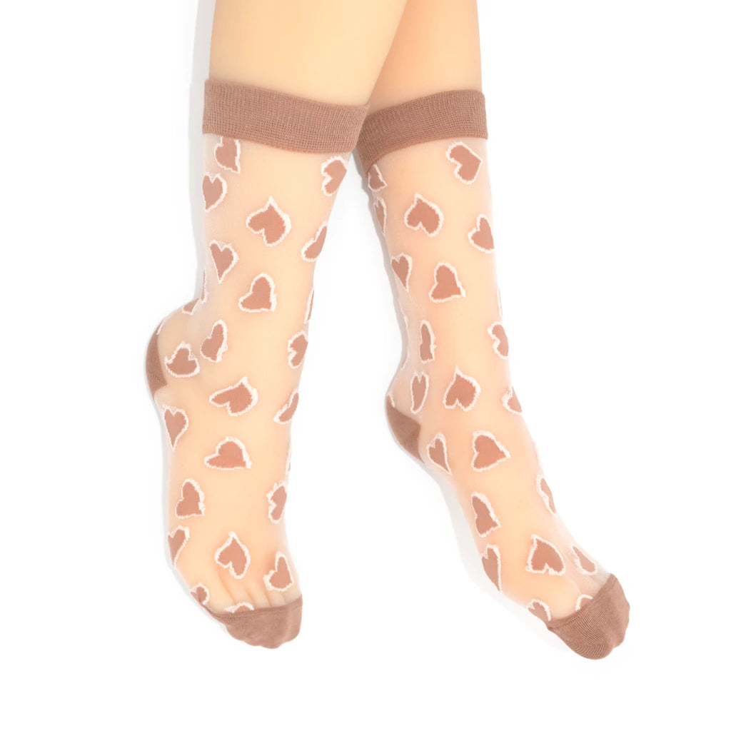Pair of socks with heart pattern and brown accents on a white background