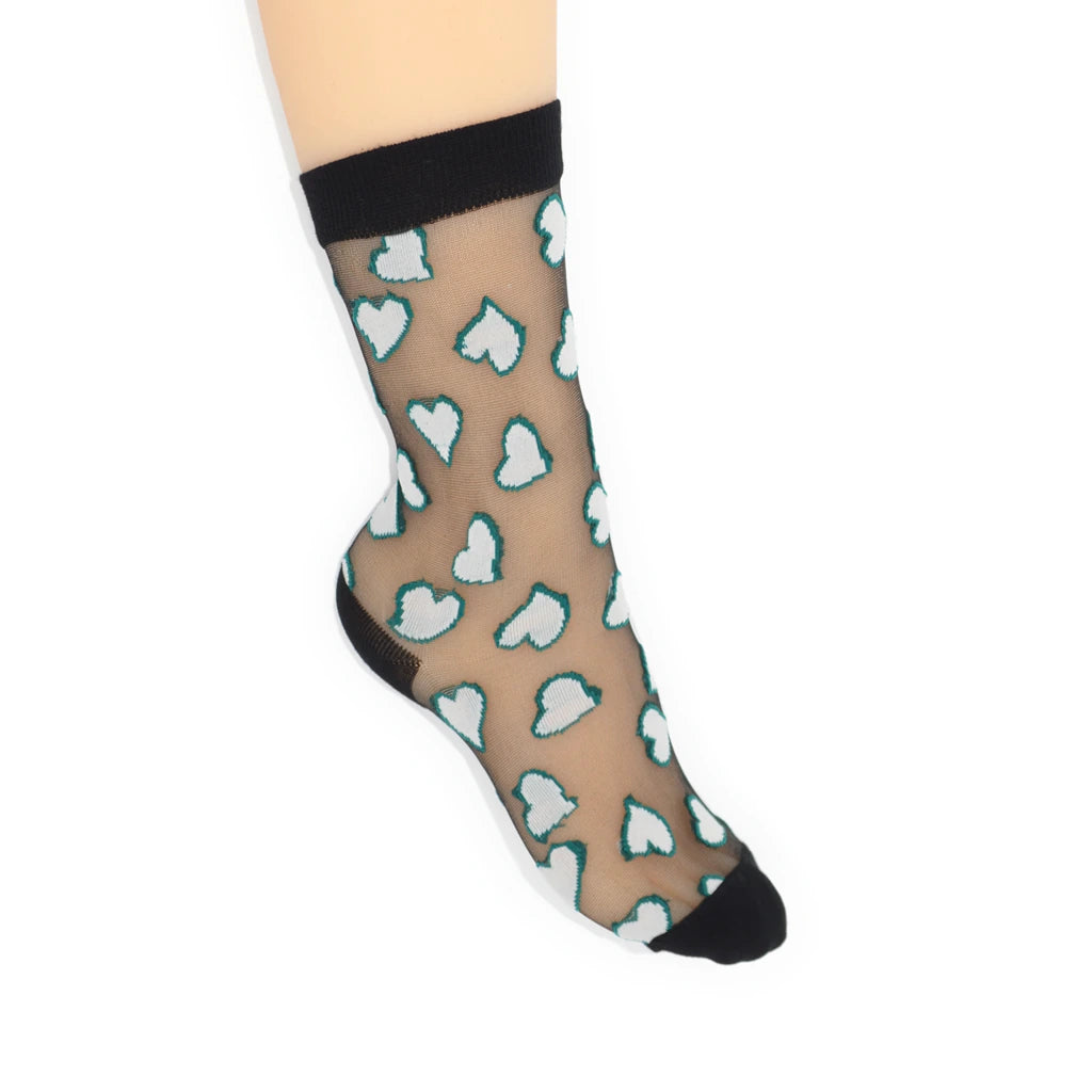 Sheer sock with heart pattern on a white background