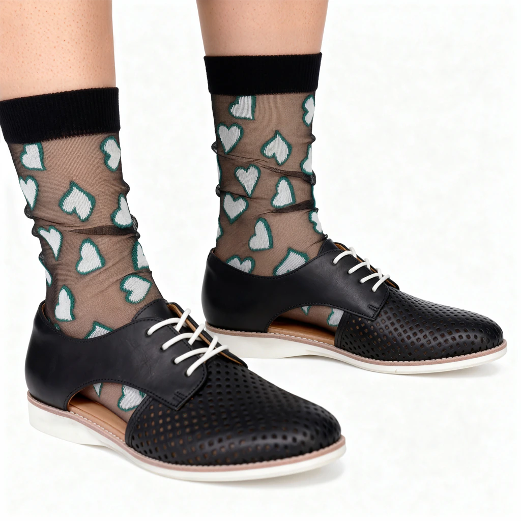 Black shoes with white laces worn with sheer socks featuring heart patterns on a white background