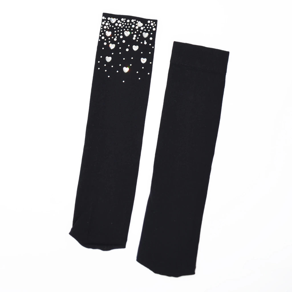 Black socks with heart crystals on a white background