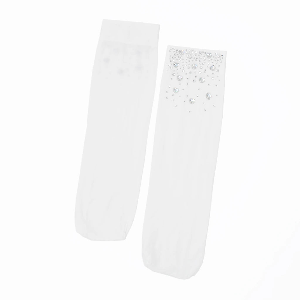 Two white socks with glittery heart crystals on a white background