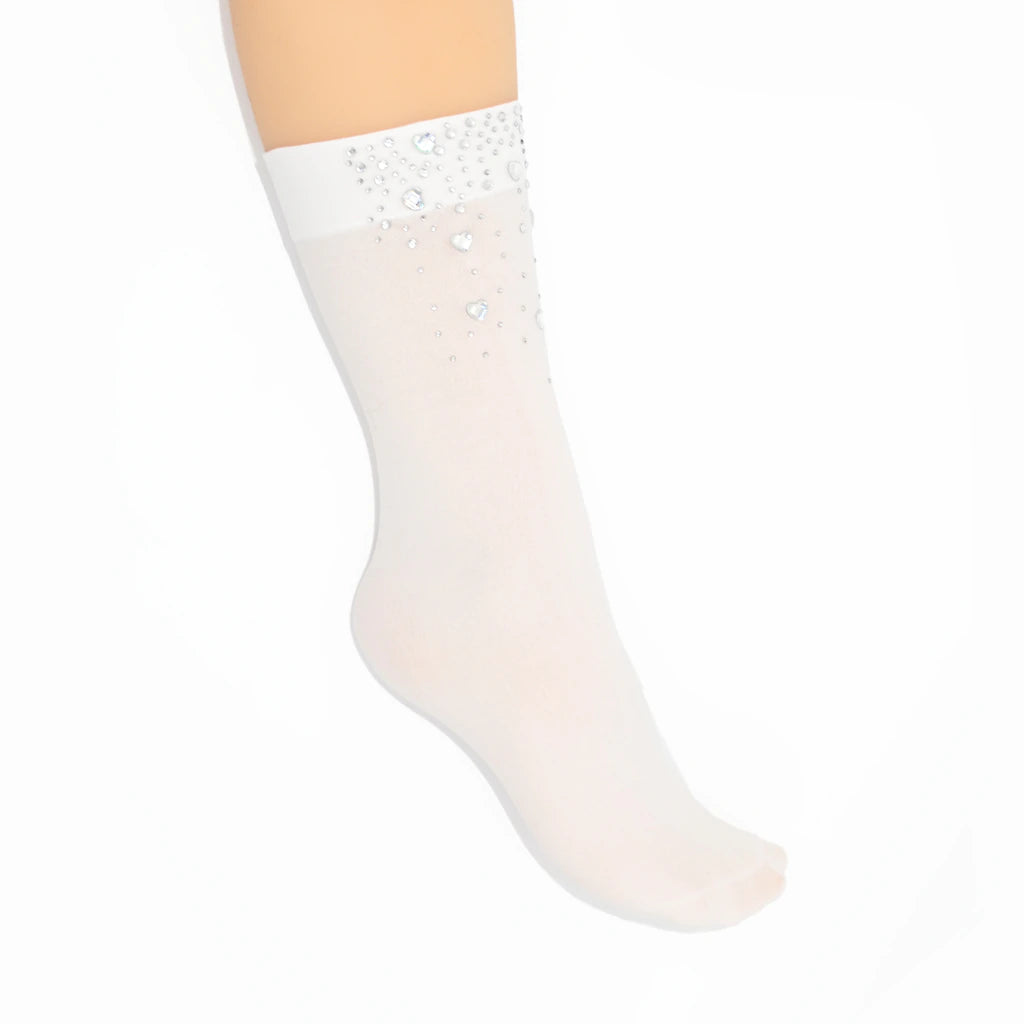 White knee-high sock with crystal heart gems on a white background