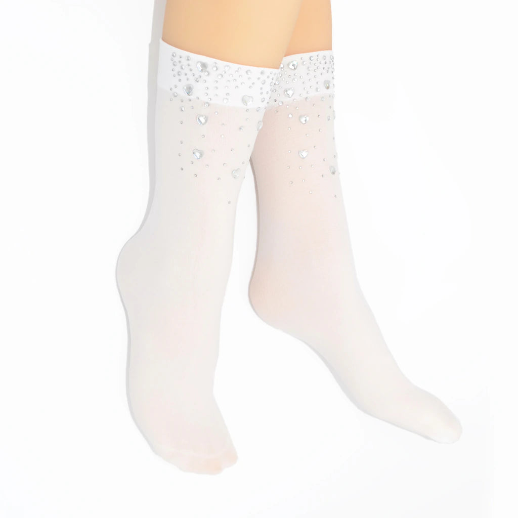 White knee-high sock with crystal heart gems on a white background