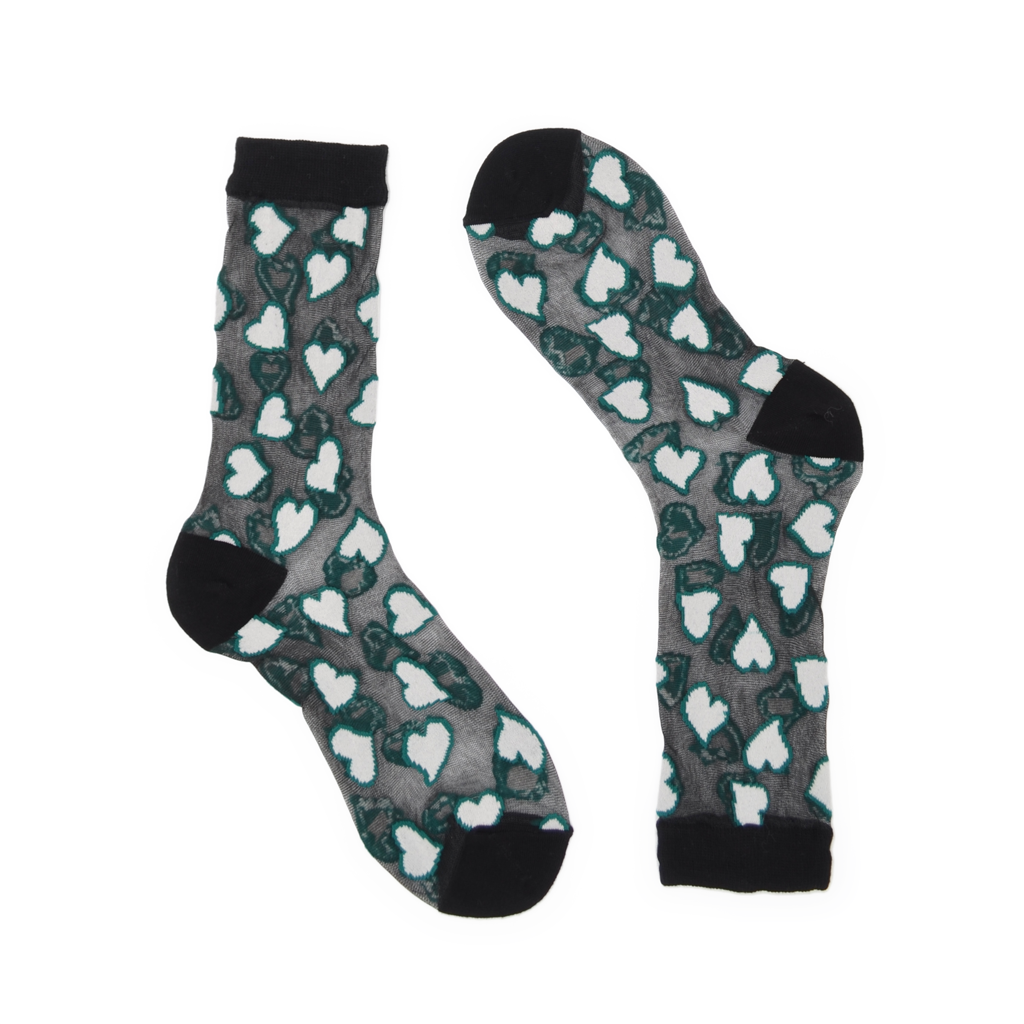 Sheer Heart Crew Socks - Dark Emerald & White
