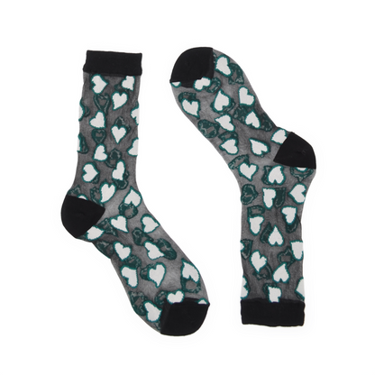 Sheer Heart Crew Socks - Dark Emerald & White
