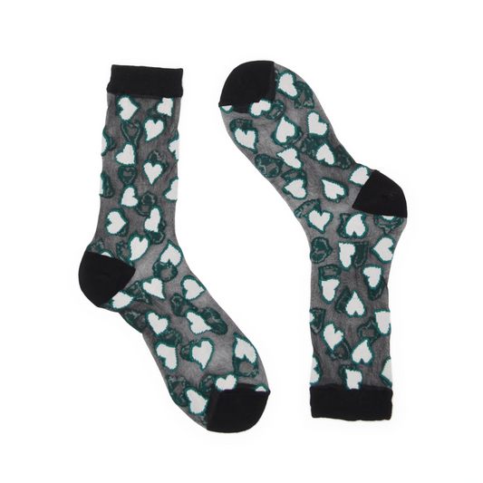 Sheer Heart Crew Socks - Dark Emerald & White