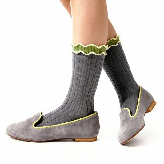 Ribbed Lettuce Edge Quarter Crew Socks - Dark Grey