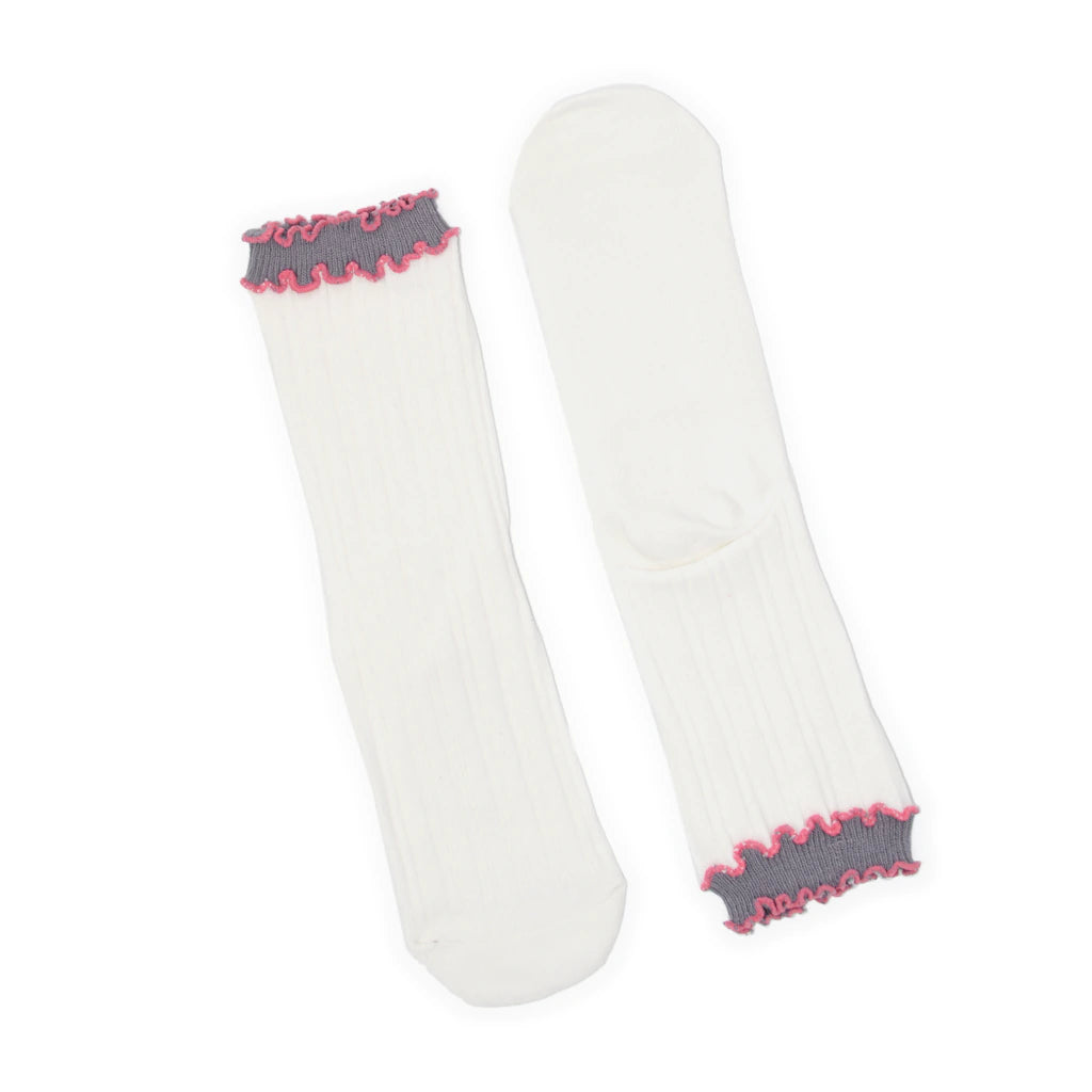 White socks with pink and gray trim on a white background