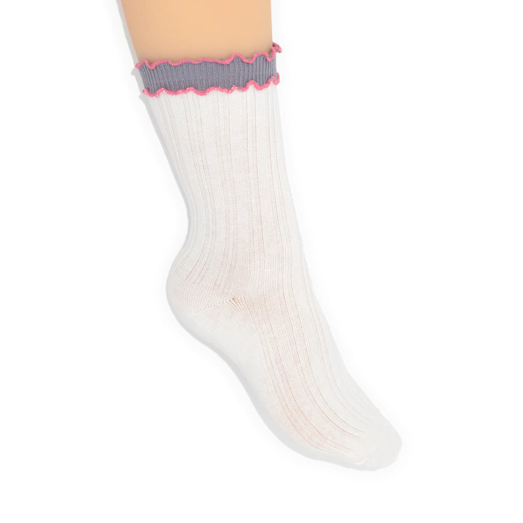 White sock with pink and gray trim on a white background