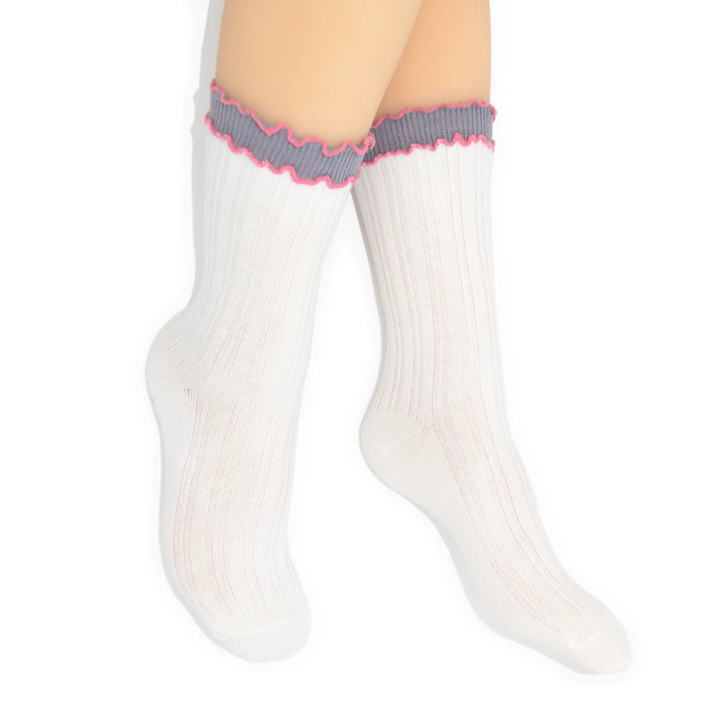White socks with gray and pink trim on a white background