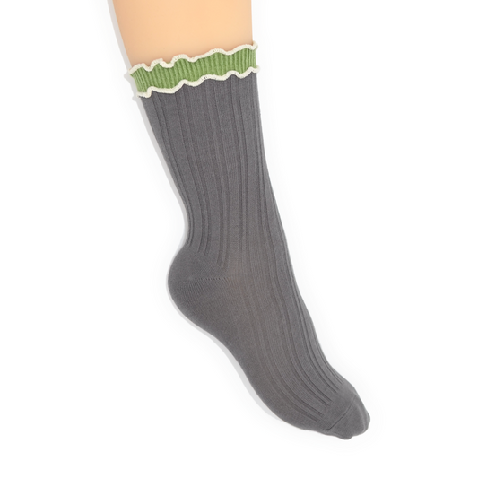Ribbed Lettuce Edge Quarter Crew Socks - Dark Grey