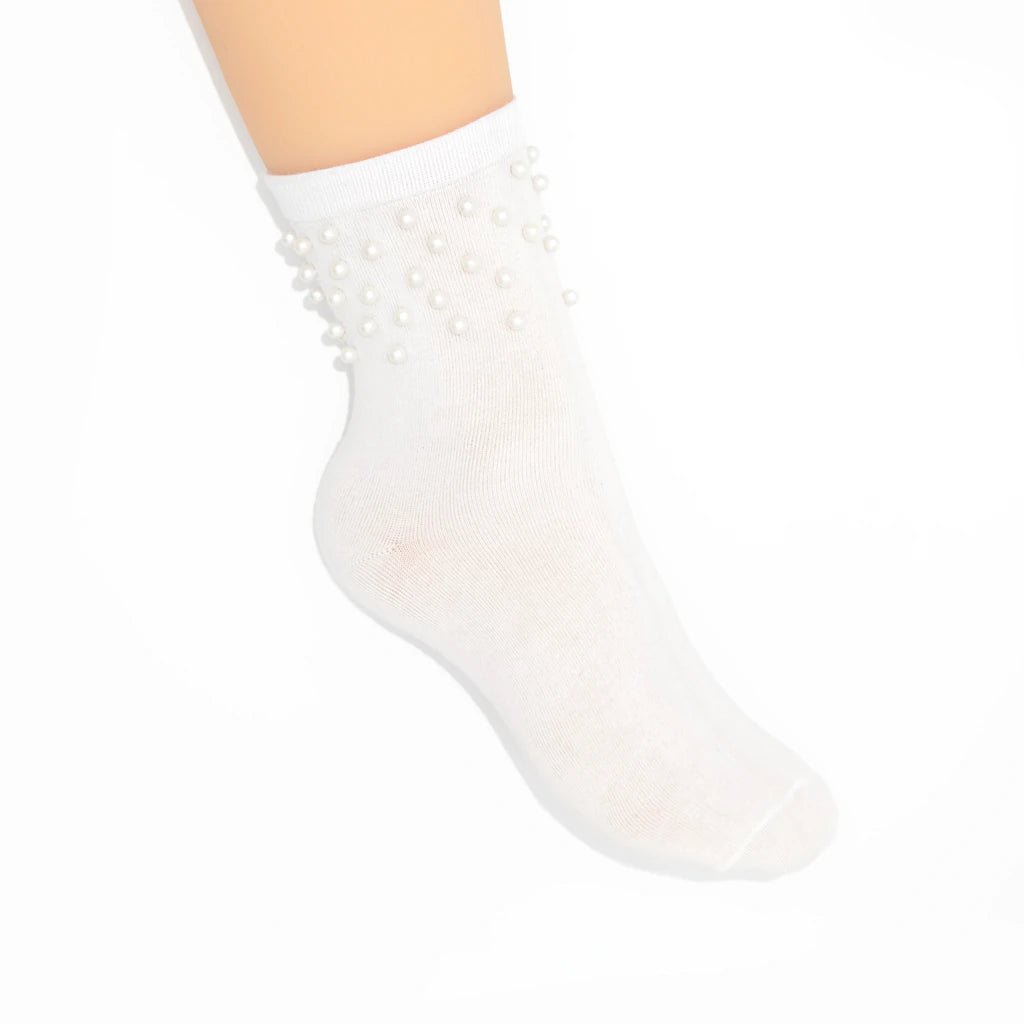 White ankle sock with pearls on a white background