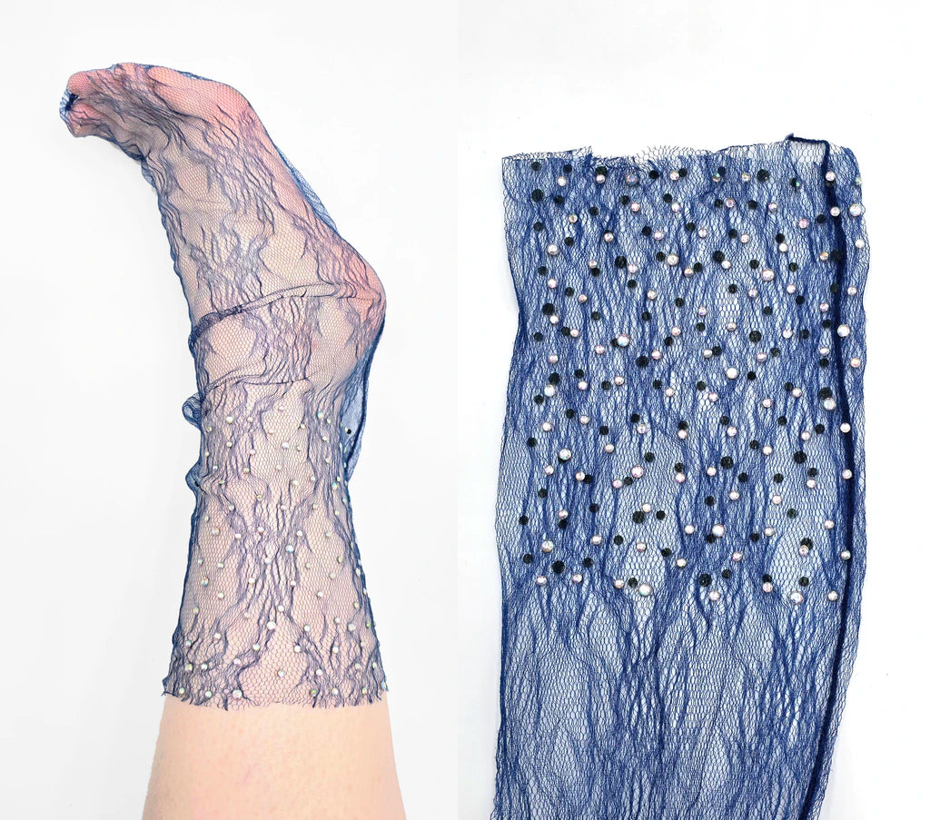 Zoe Sheer Diamante Lace Sock - Blue