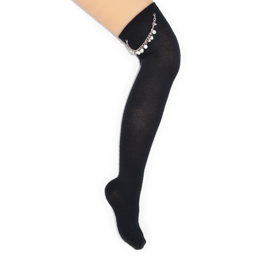 Thigh High Pearl Chain Socks - Black