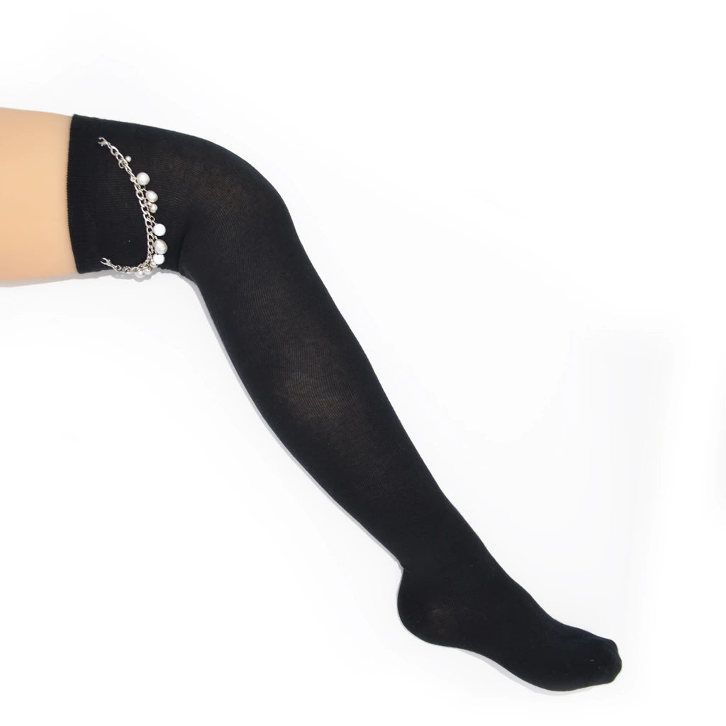Black thigh socks with decorative band on a white background