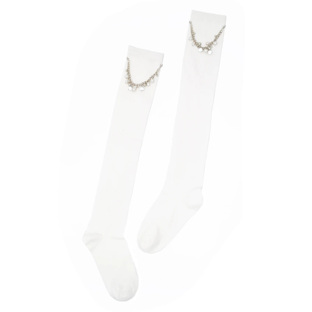 White socks with decorative chain designs on a white background